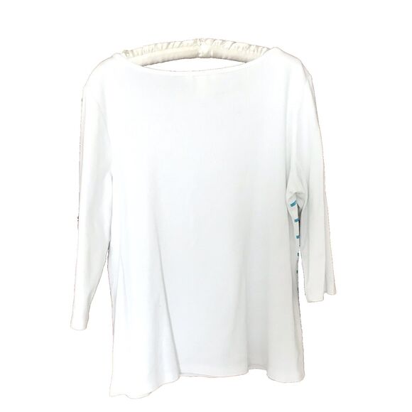 Christopher & Banks Top Tee L White Aqua Stripe 3/4 Slv Sequins Cotton Knit EEUC - Picture 4 of 9